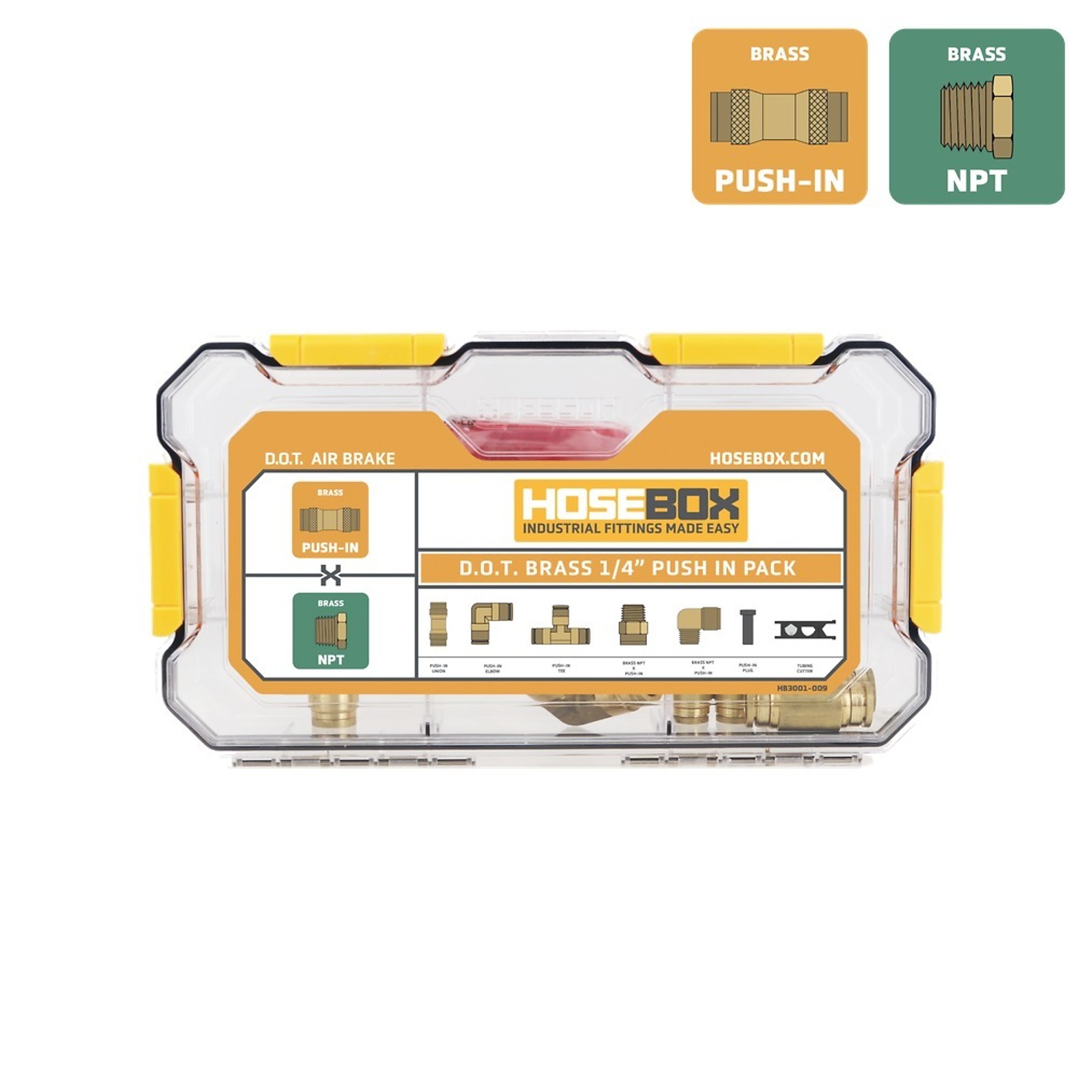 HoseBox D.O.T. Brass Push-In Pack, 1/4 Inch, 21 Fittings, Model# HB3001-009